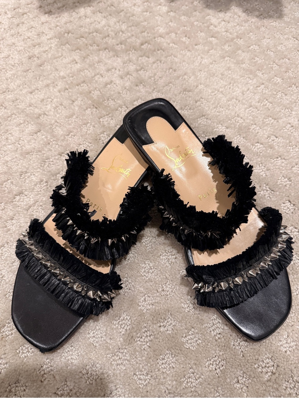 Christian Louboutin Black Fringe & Stud Two-Band Slide Sandals 8.5